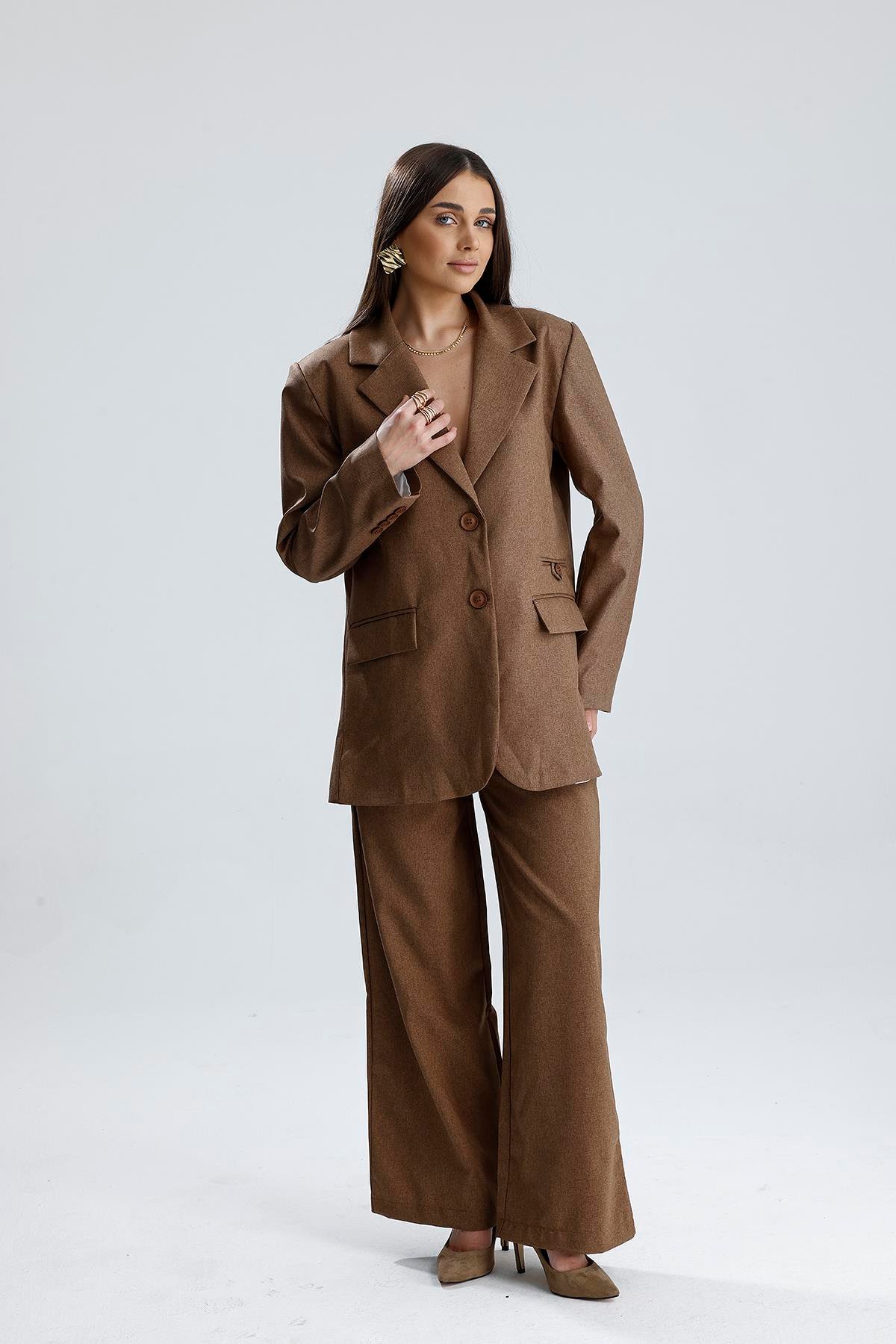 Üç Cepli Önü Düğmeli Oversize Blazer Ceket - Açık Kahve