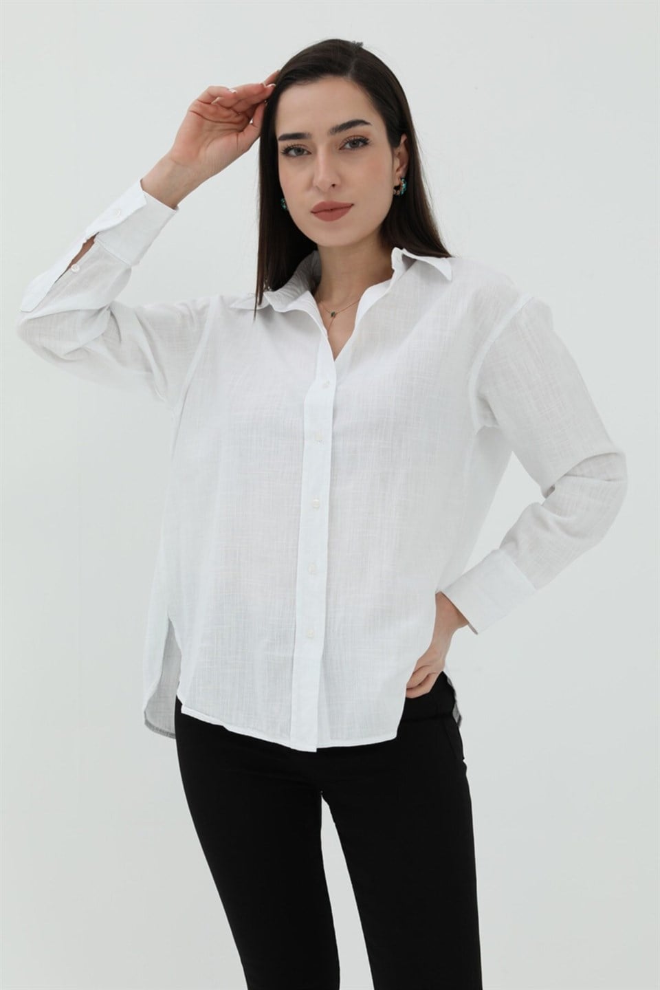 Uzun Kol Oversize Basic Gömlek - Beyaz