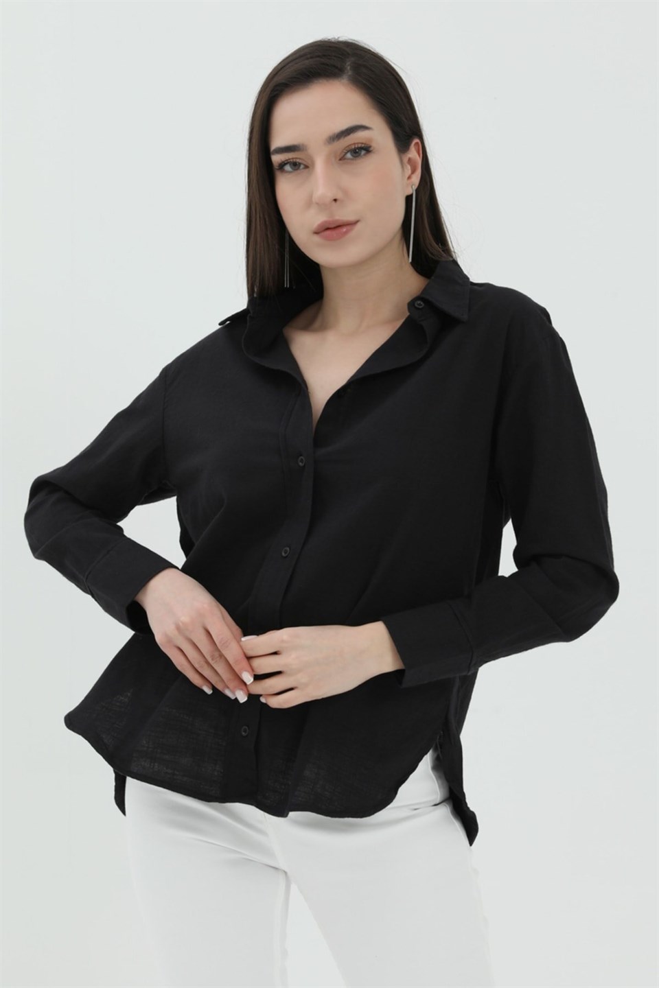 Uzun Kol Oversize Basic Gömlek - Siyah
