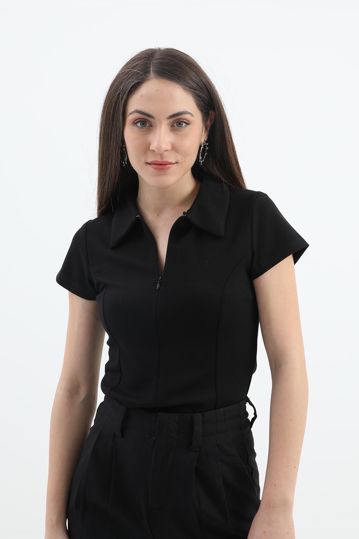Yakalı Kısa Kol Yarım Fermuarlı Tshirt - Siyah