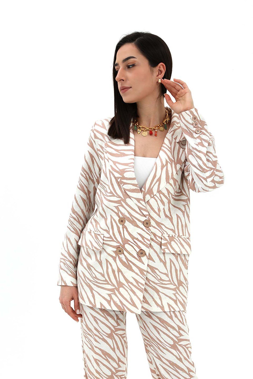 Zebra Desen Oversize Keten Ceket - Bej