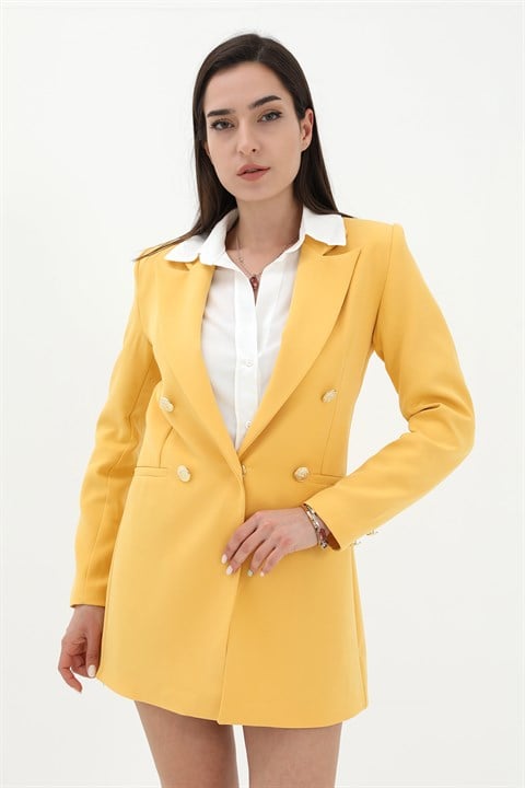 Omuzları Vatkalı Önü Çıtçıtlı Atlas Kumaş Kadın Blazer Ceket - Sarı