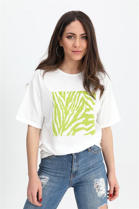 T-shirt Yuvarlak Yaka Zebra Baskılı - Yeşil