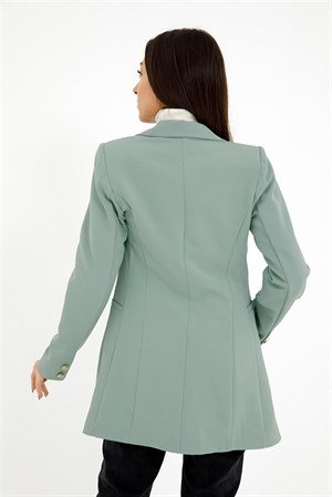 Omuzları Vatkalı Önü Çıtçıtlı Atlas Kumaş Kadın Blazer Ceket - Çağla Yeşili