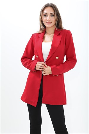 Omuzları Vatkalı Önü Çıtçıtlı Atlas Kumaş Kadın Blazer Ceket - Kırmızı