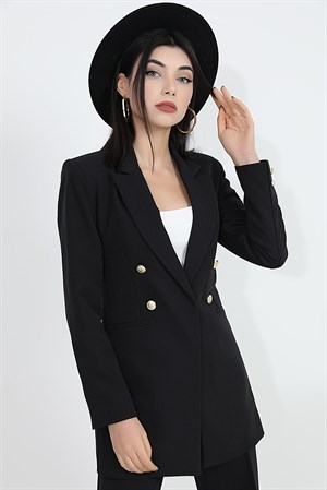 Omuzları Vatkalı Önü Çıtçıtlı Atlas Kumaş Kadın Blazer Ceket - Siyah