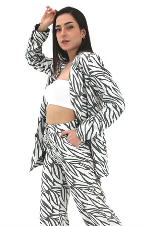 Zebra Desen Oversize Keten Ceket - Siyah