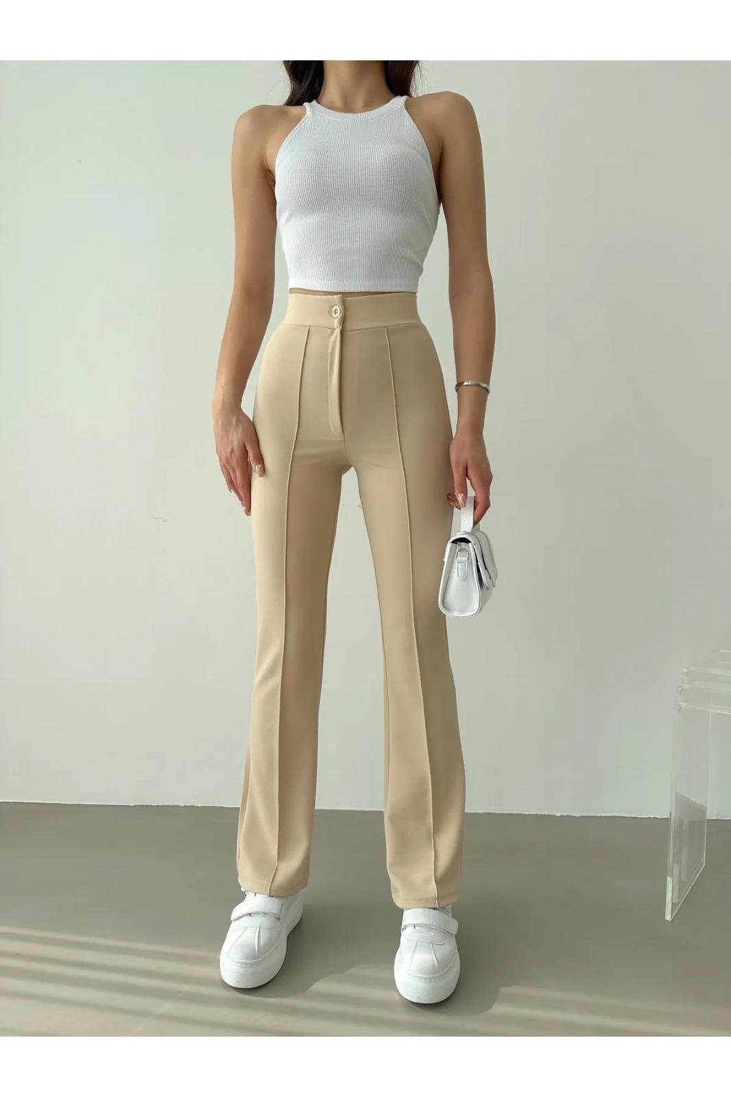 Düğmeli önü çimalı likralı zara model pantolon -  Taş rengi 