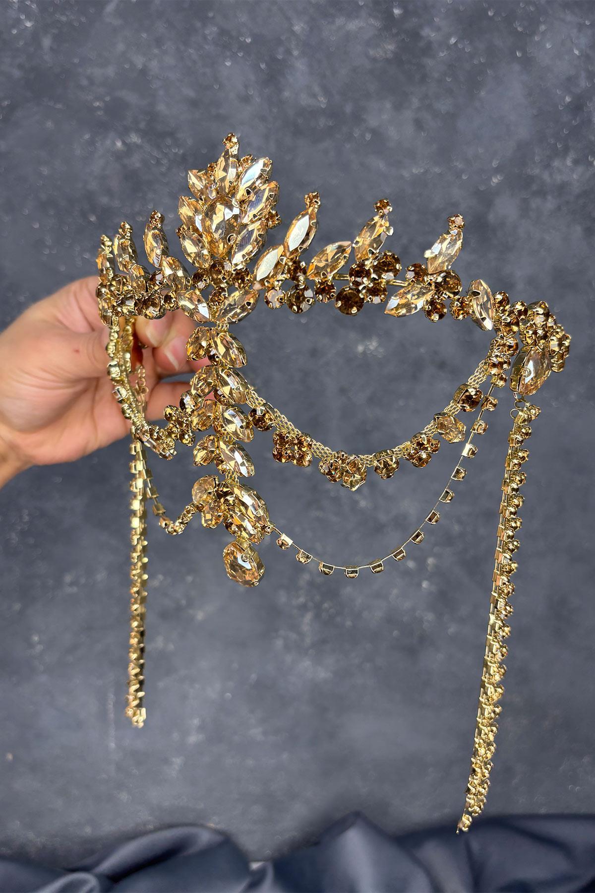 Bal Rengi Sallantılı Alınlık Almeda Gelin Kına Tacı