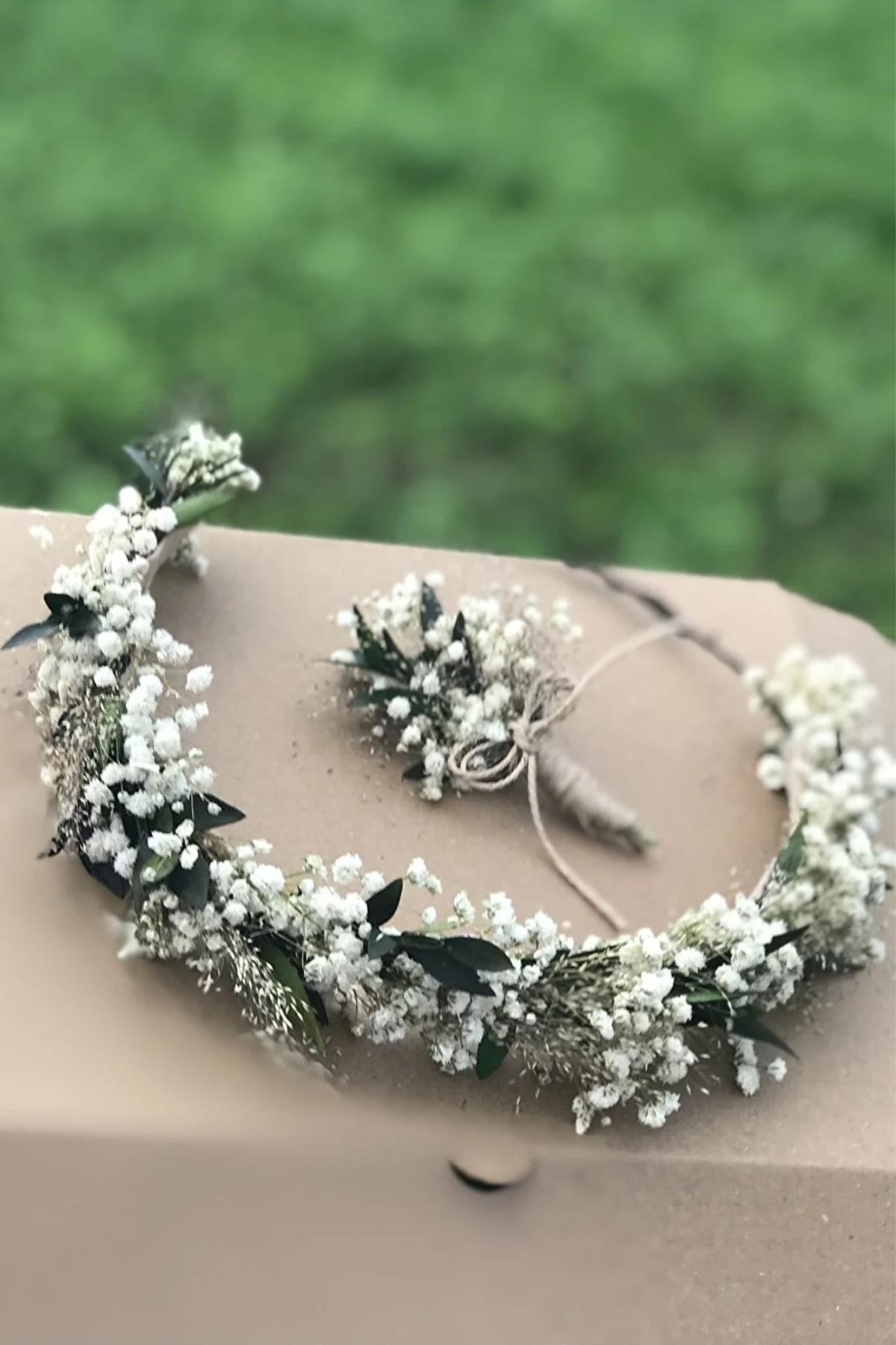 Beyaz Gelin Tacı Ve Damat Yaka Çiçeği