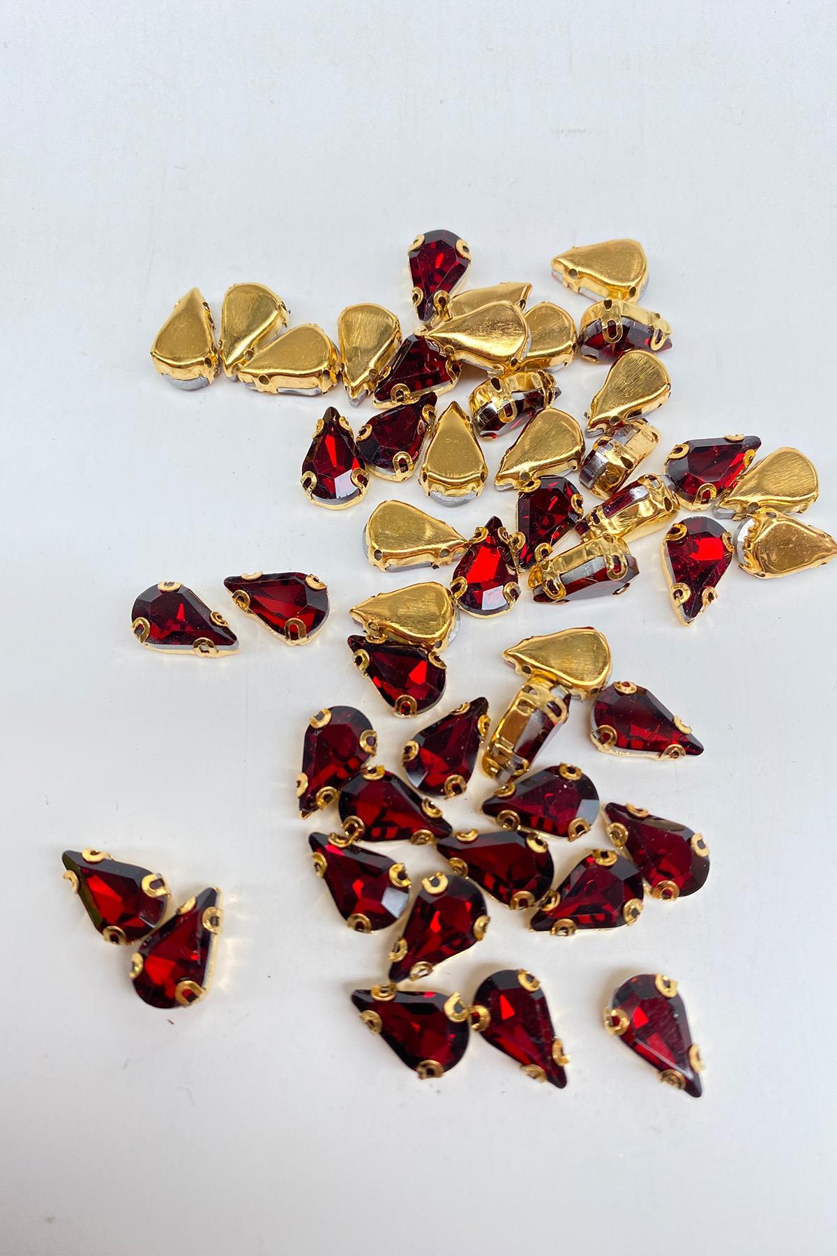 Bordo Gold Zeminli Dikme Parlak Cam Damla Boncuk 10 Adet