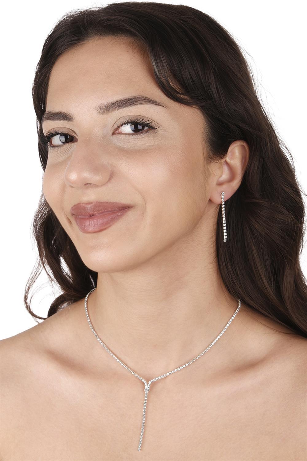 Damla Şık İnce Kristal Taşlı Abiye Kolye Ve Küpe Seti