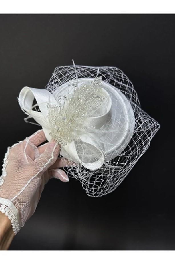 Gelin Nikah Şapkası Kurdele Detaylı Kristal Süslemeli Kep Aksesuarı