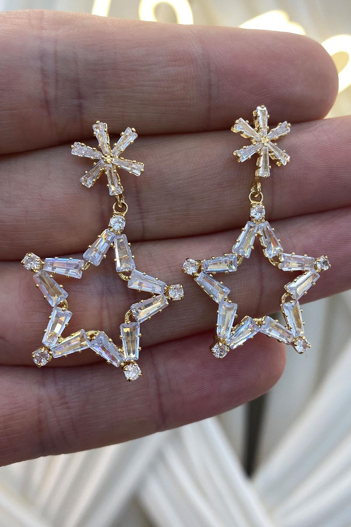Gold Yıldız Zincirli Zirkon Parlak Taşlı Küpe