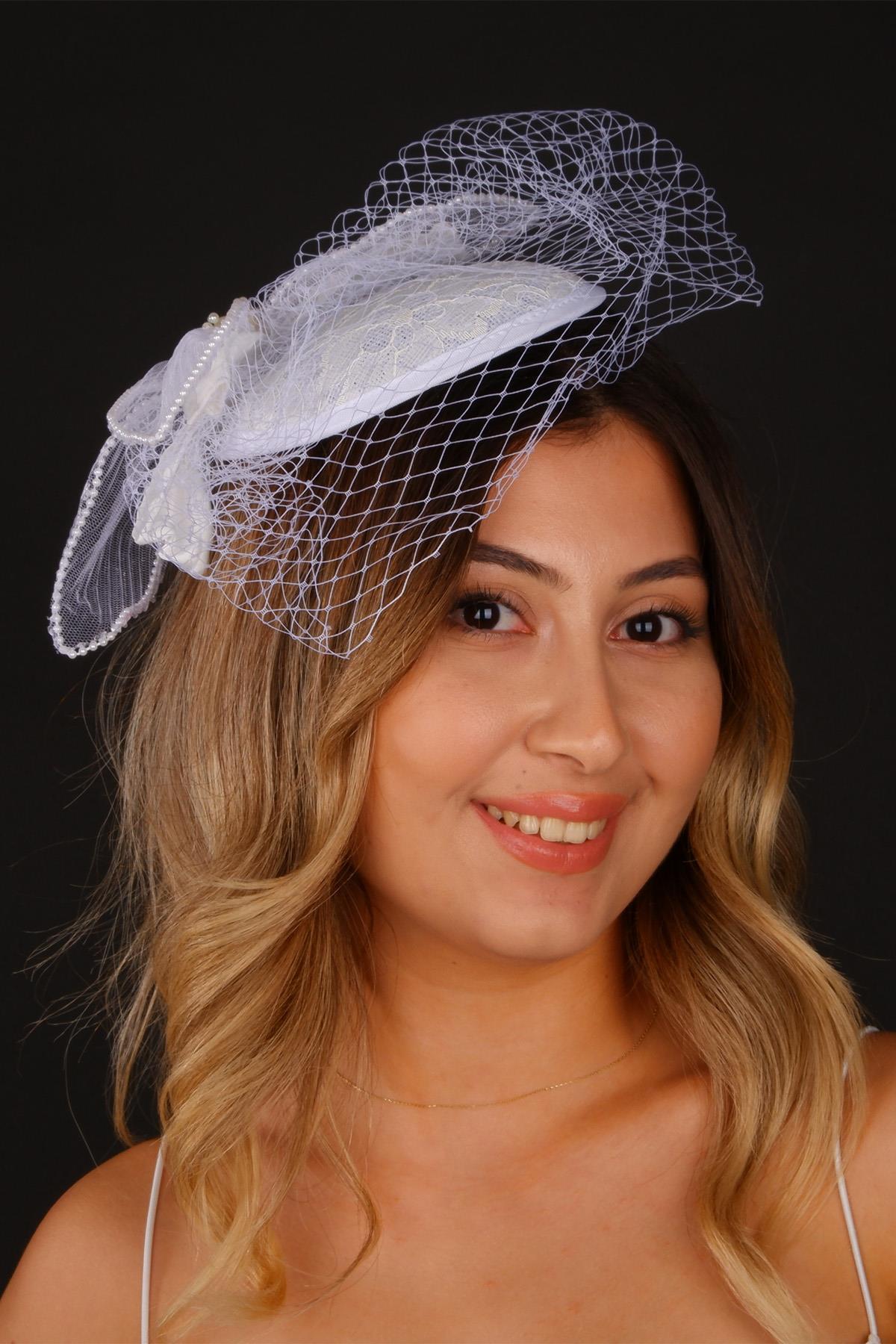 Kırık Beyaz Vualet Nikah Şapkası Dilda Gelin Aksesuarı