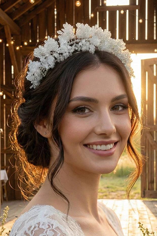 Kristal Boncuklu Yoğun İşlemeli Gelin Tacı Saç Asması Kına Nişan Düğün Saç Aksesuarı