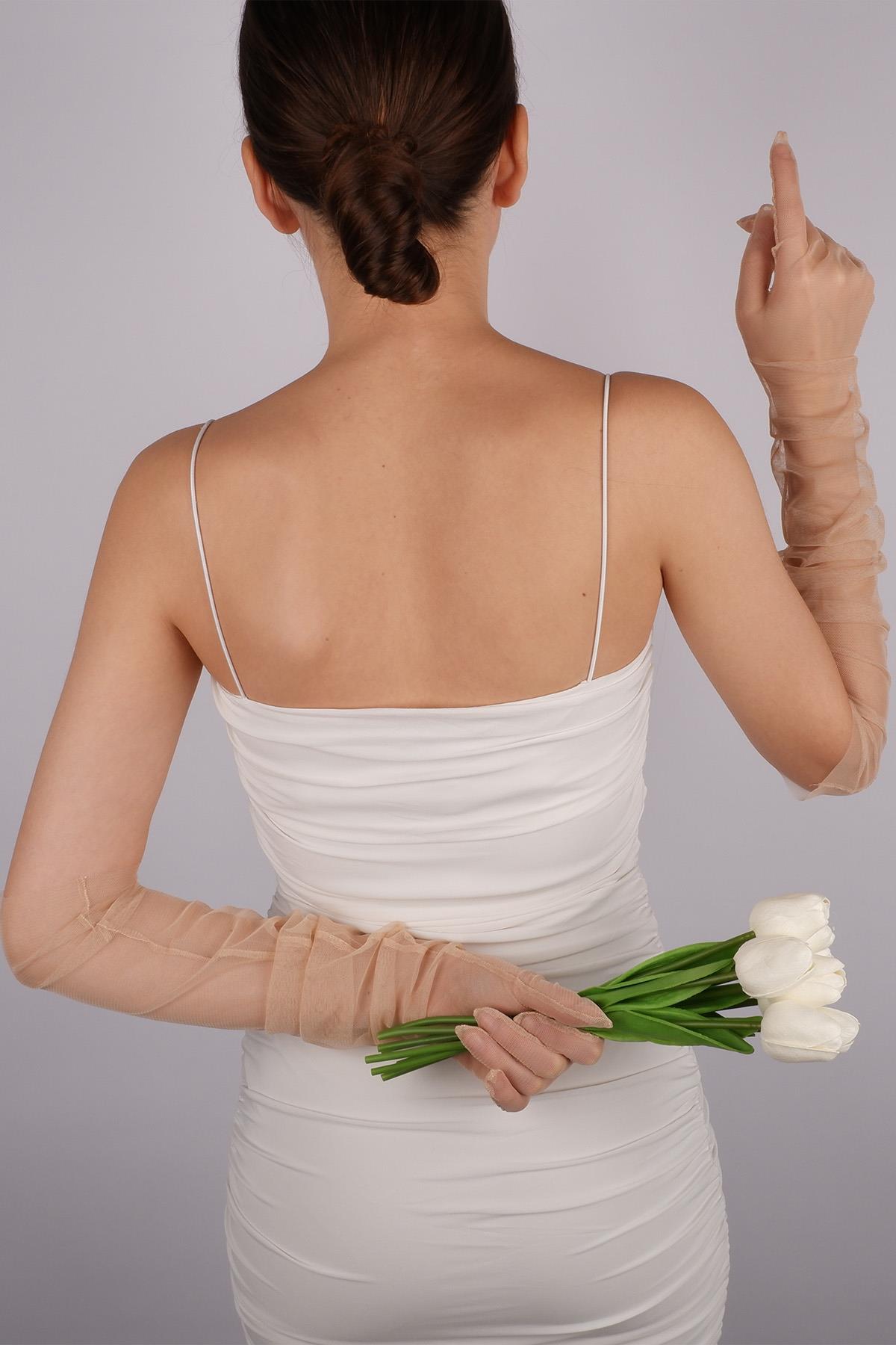 Ten Rengi Uzun Şık Gelin Eldiveni Tül Eldiven Nikah/Düğün/Parti/Kostüm Eldiveni