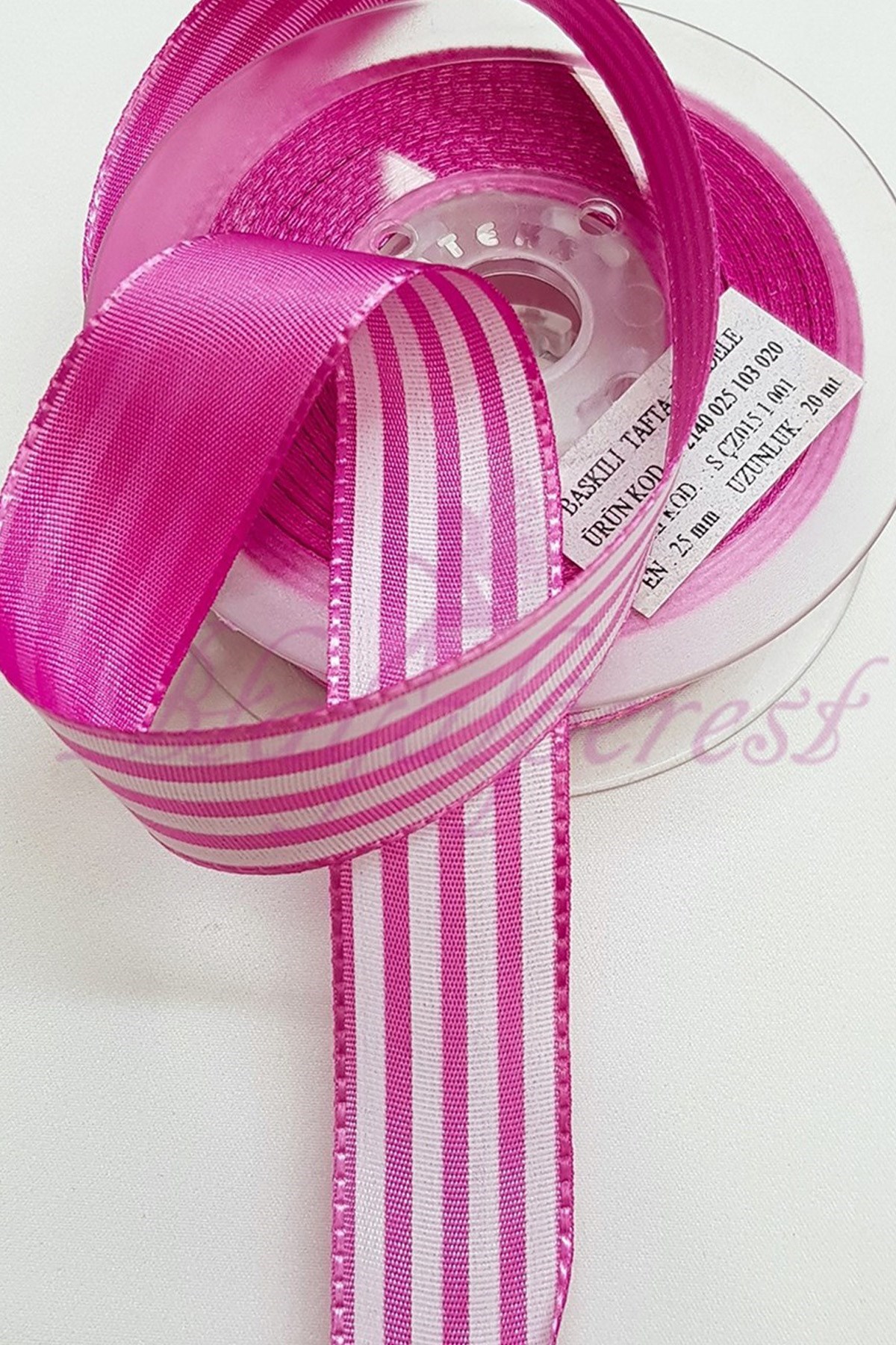 Açık Fuşya Çizgi Baskılı Tafta Kurdele 2,5Cm