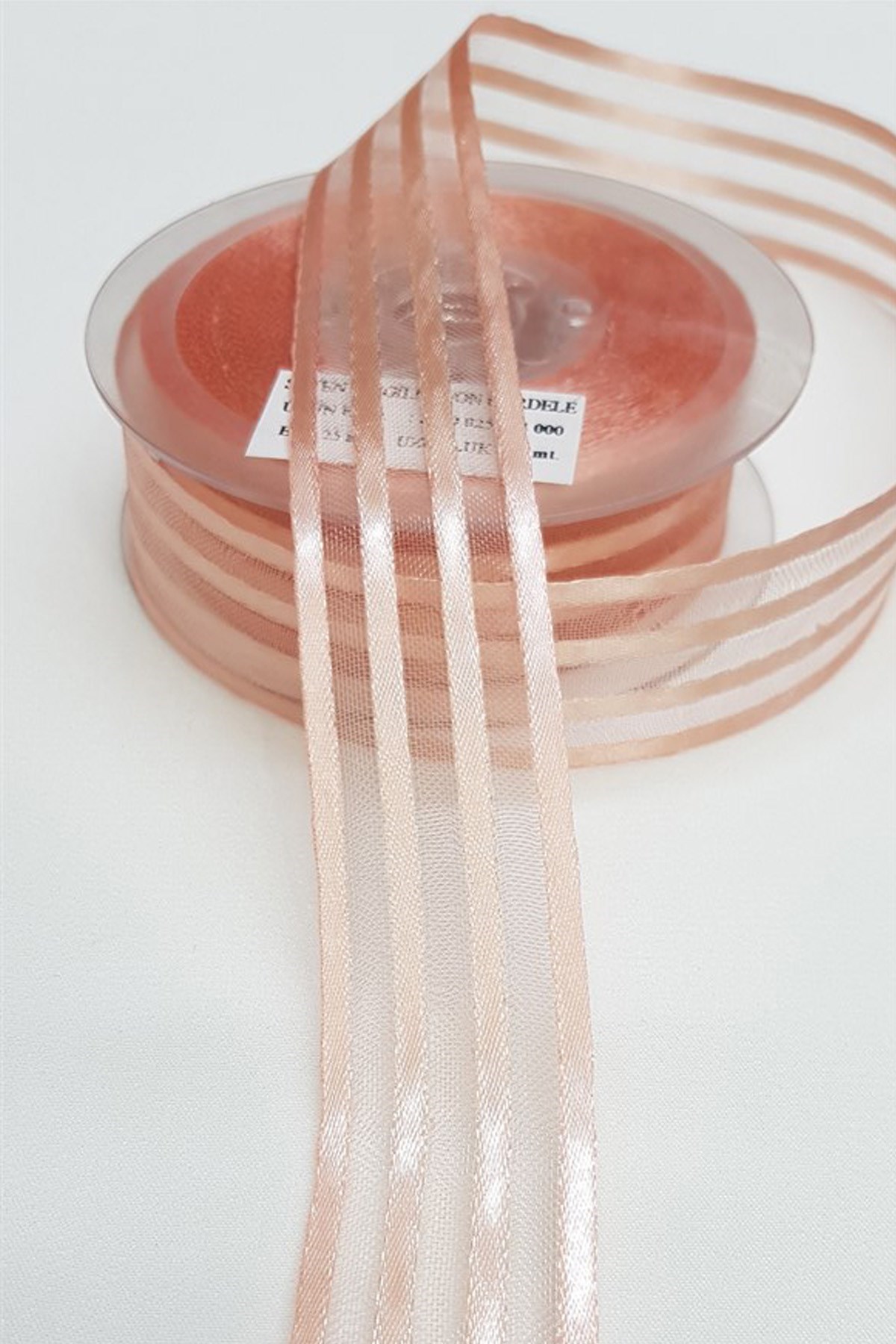 Açık Pudra Saten Çizgili Şifon Kurdele 2,5Cm