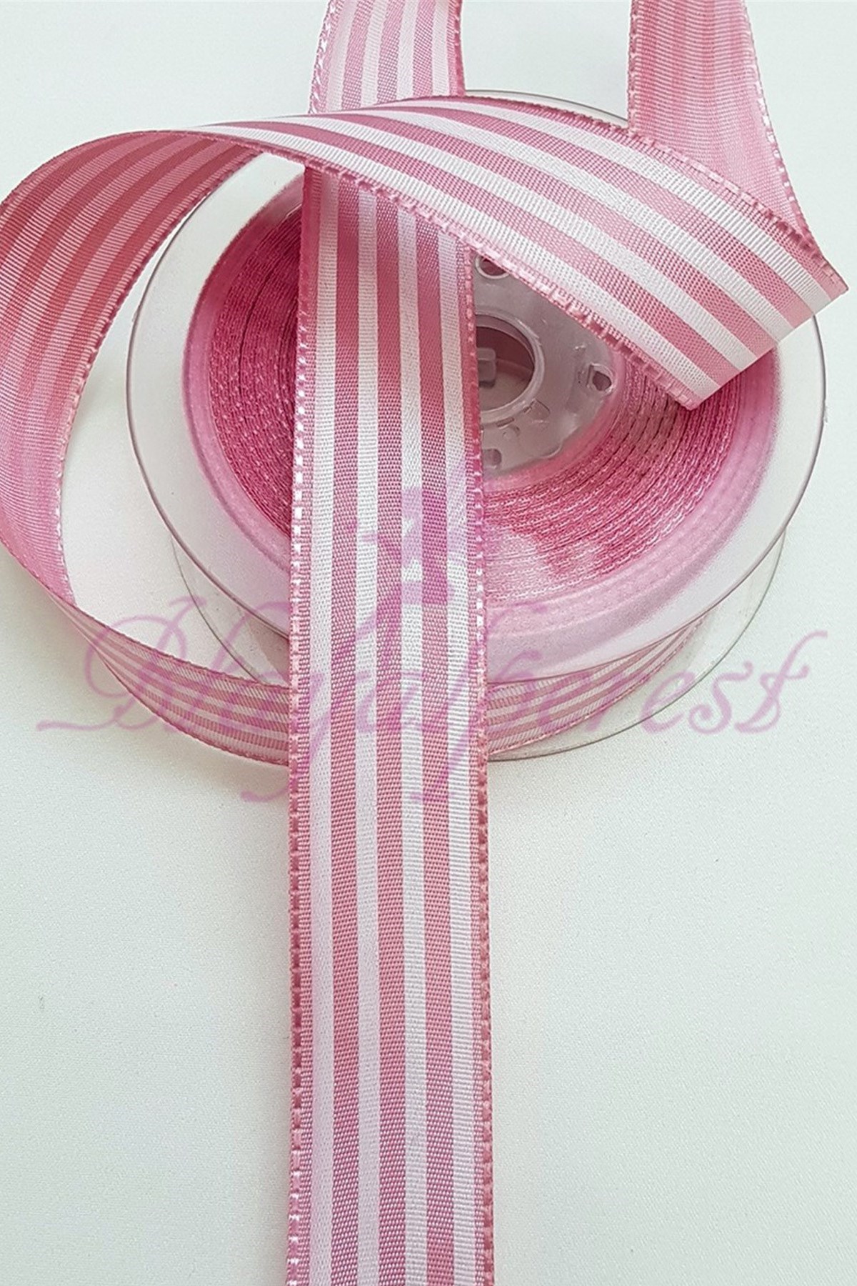 Bebe Pembe Çizgi Baskılı Tafta Kurdele 2,5Cm