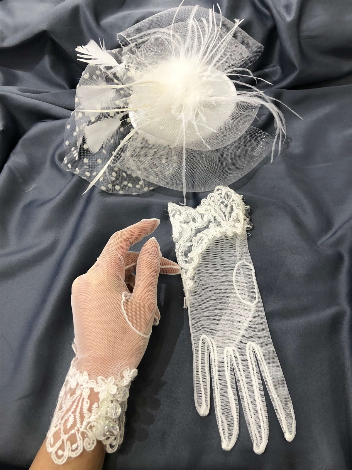 Beyaz Dantelli Eldiven- Puantiyeli Vualet Nikah Şapkası