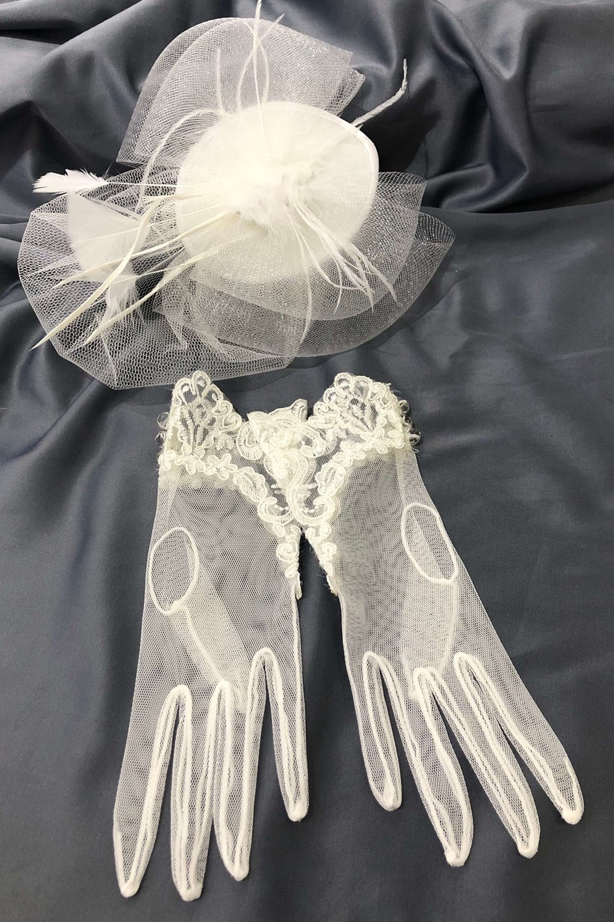 Beyaz Dantelli Eldiven-Düz Vualet Nikah Şapkası
