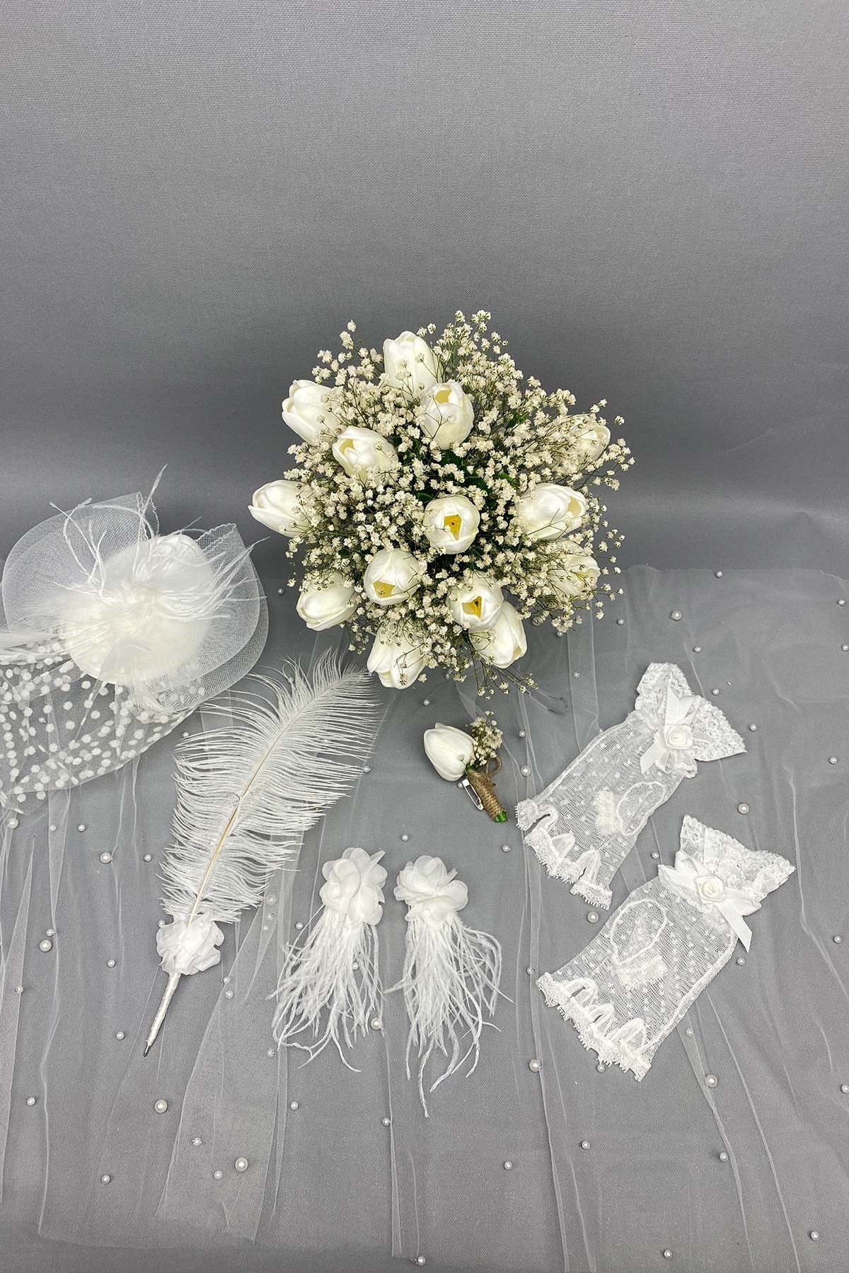 Cipsolu Islak Laleli Gelin Çiçeği,Nikah Şapkası ve Gelin Eldiveni Seti