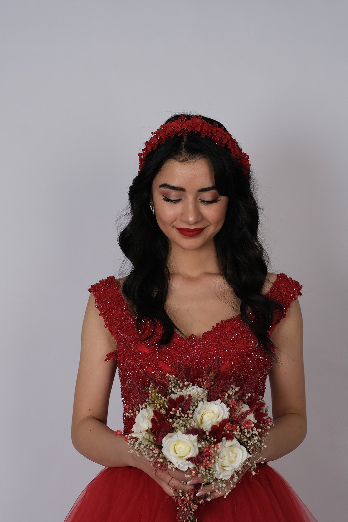 Kırmızı Nida Çiçek Mineli Gelin Tacı Saç ve Türban Aksesuarı
