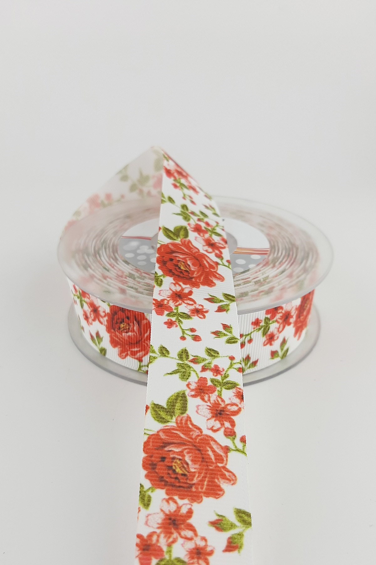 Kızmızı Gül Desenli Grogren Kurdele 2,50 cm 20 mt