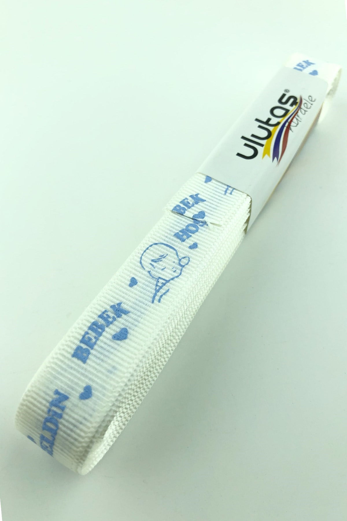 Krem Mavi Hoşgeldin Bebeğim Baskılı Grogren Kurdele 1,5 cm