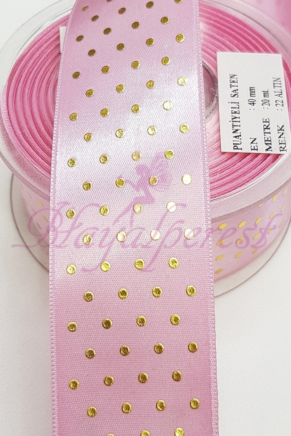 Pembe Gold Puantiyeli Baskı Saten Kurdele 4Cm