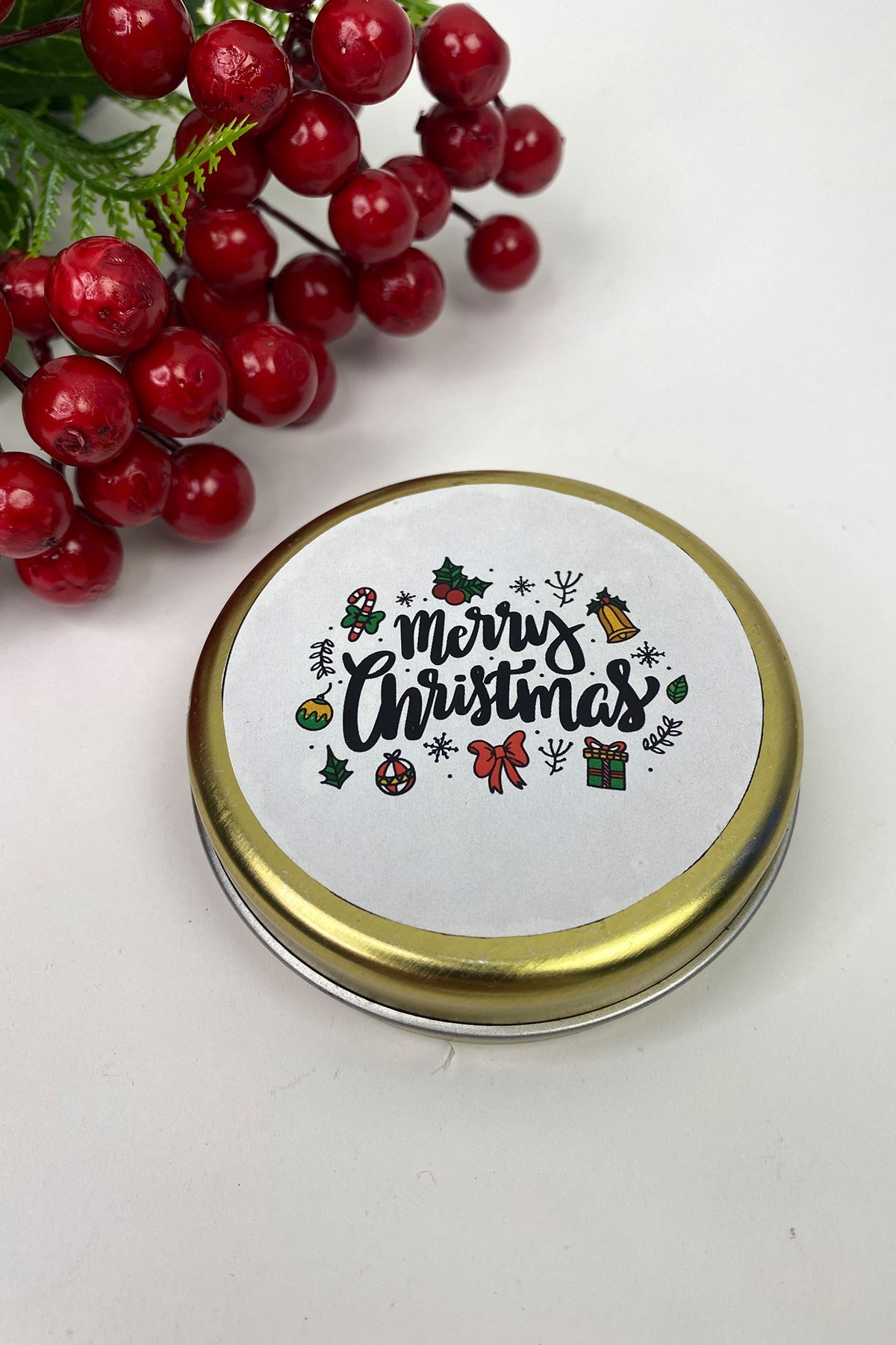 Teneke Mum Gold Yuvarlak Beyaz Merry Christmas Baskılı