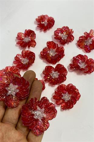 Kırmızı Sedef Yapraklı Kristal Boncuklu İncili Broş