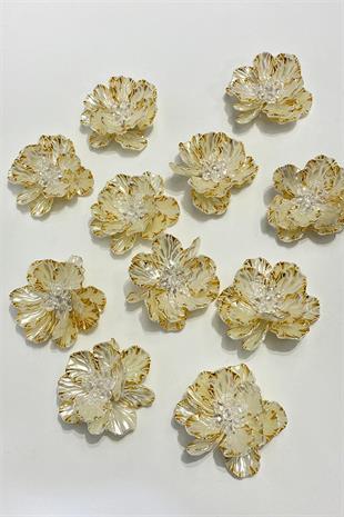 Krem Gold Sedef Yapraklı Kristal Boncuklu İncili Broş