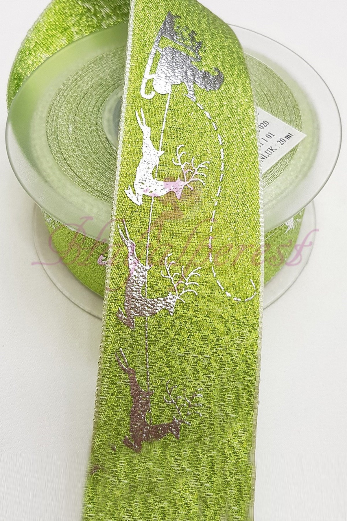 Açık Yeşil Yılbaşı Varak Baskılı Simli Kurdele 4Cm