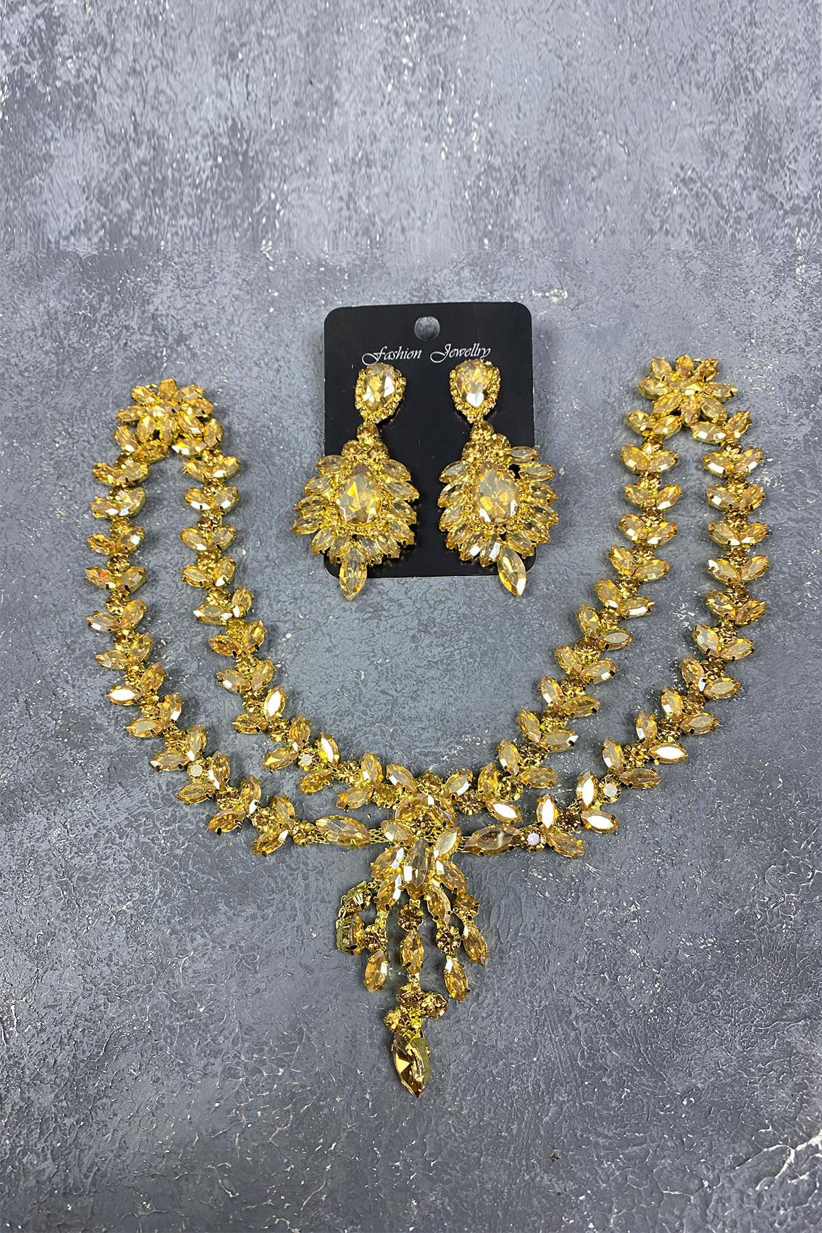 Bal Rengi Sultan Alınlık Gelin Kına Saç Aksesuarı Ve Taşlı Küpe Seti