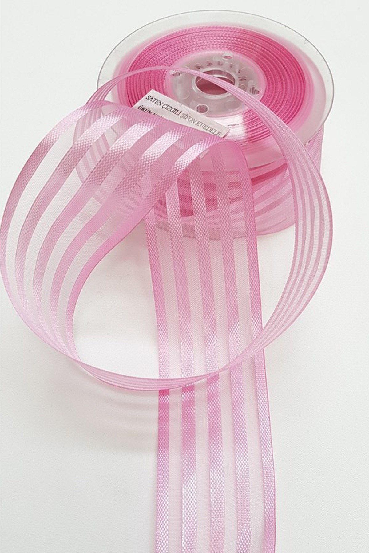 Bebe Pembe Saten Çizgili Şifon Kurdele 4Cm