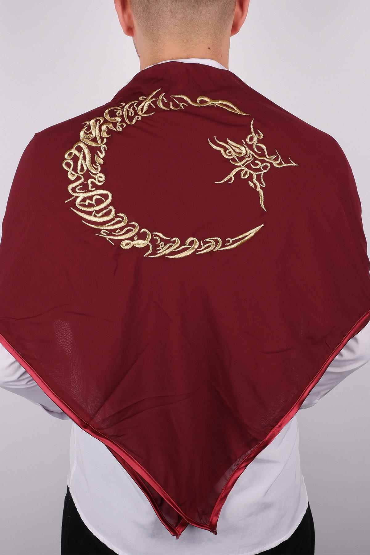 Bordo Ay Yıldız Gold Nakışlı Biyeli Damat Örtüsü