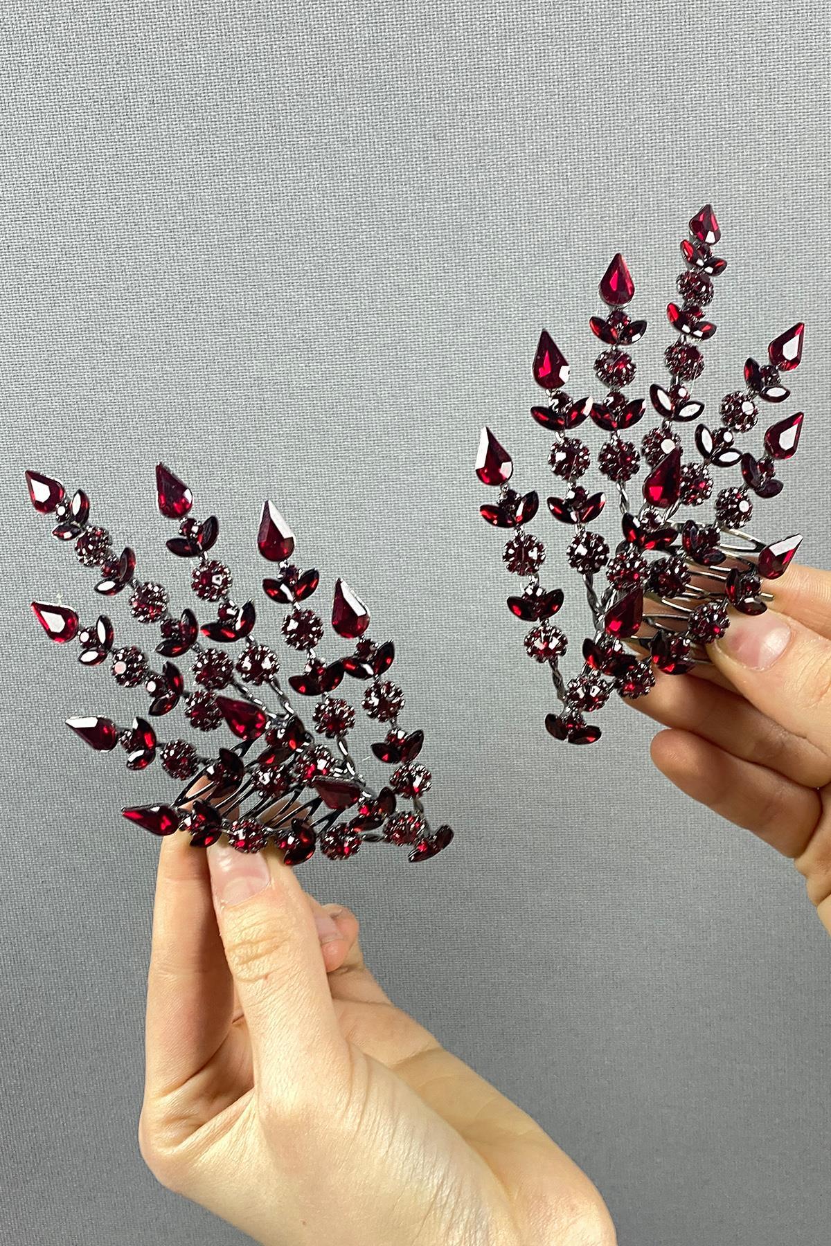 Bordo Çift Tarafli Helenist Gelin Saç Aksesuarı