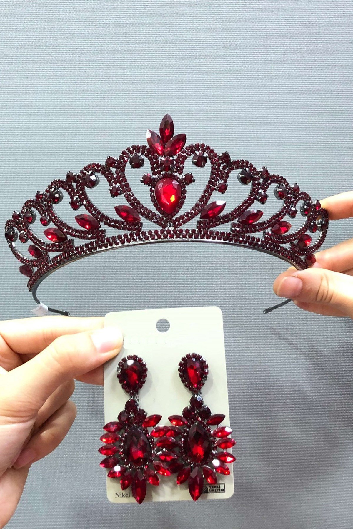 Bordo Gelin Tacı ve Küpe Takım
