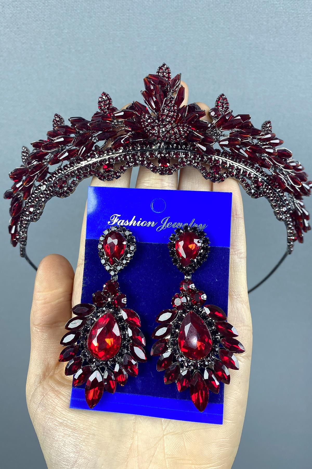 Bordo Lena Kristalli Gelin Kına Tacı Ve Taşlı Küpe Set
