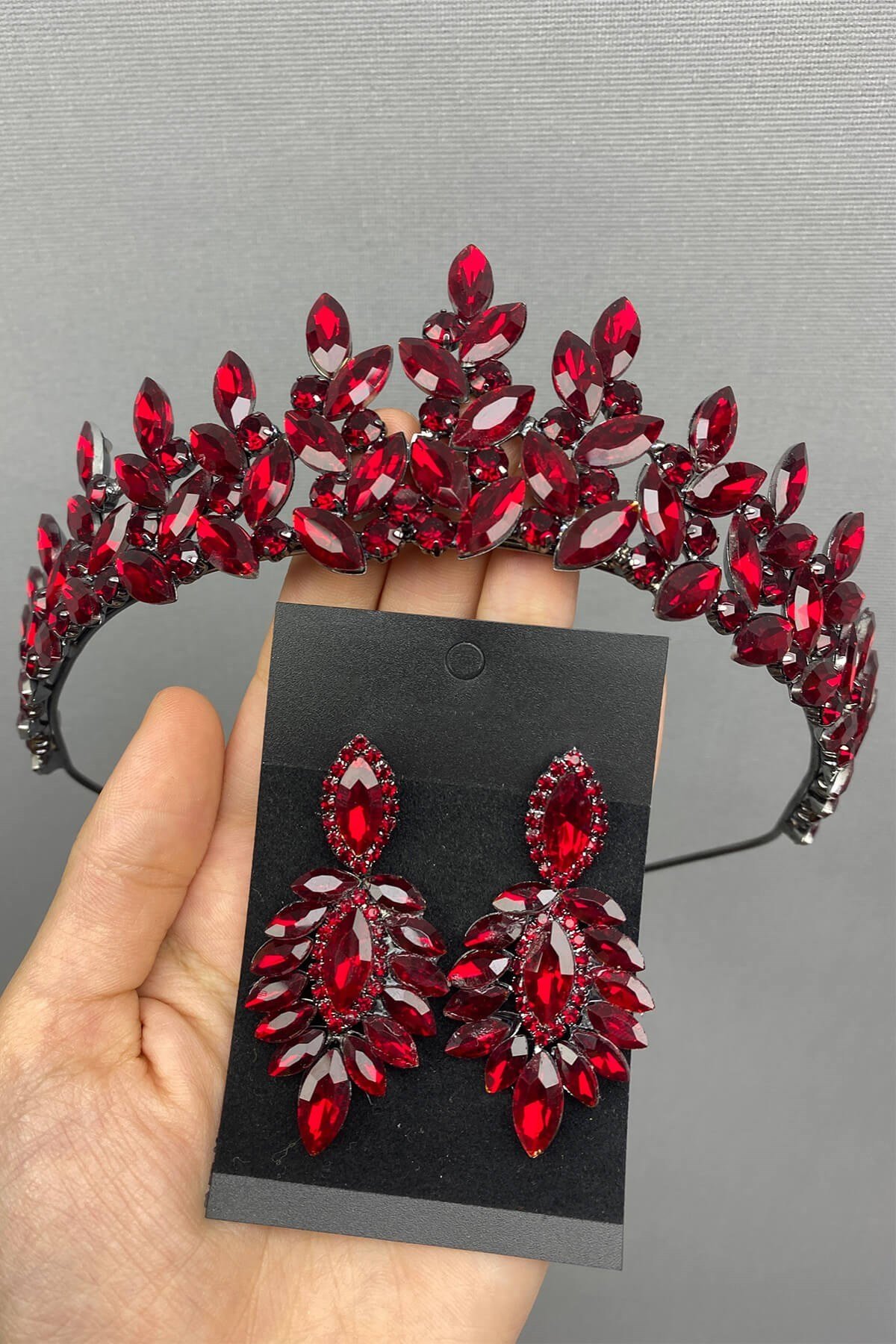 Bordo Subra Model Gelin Kına Tacı ve Küpesi