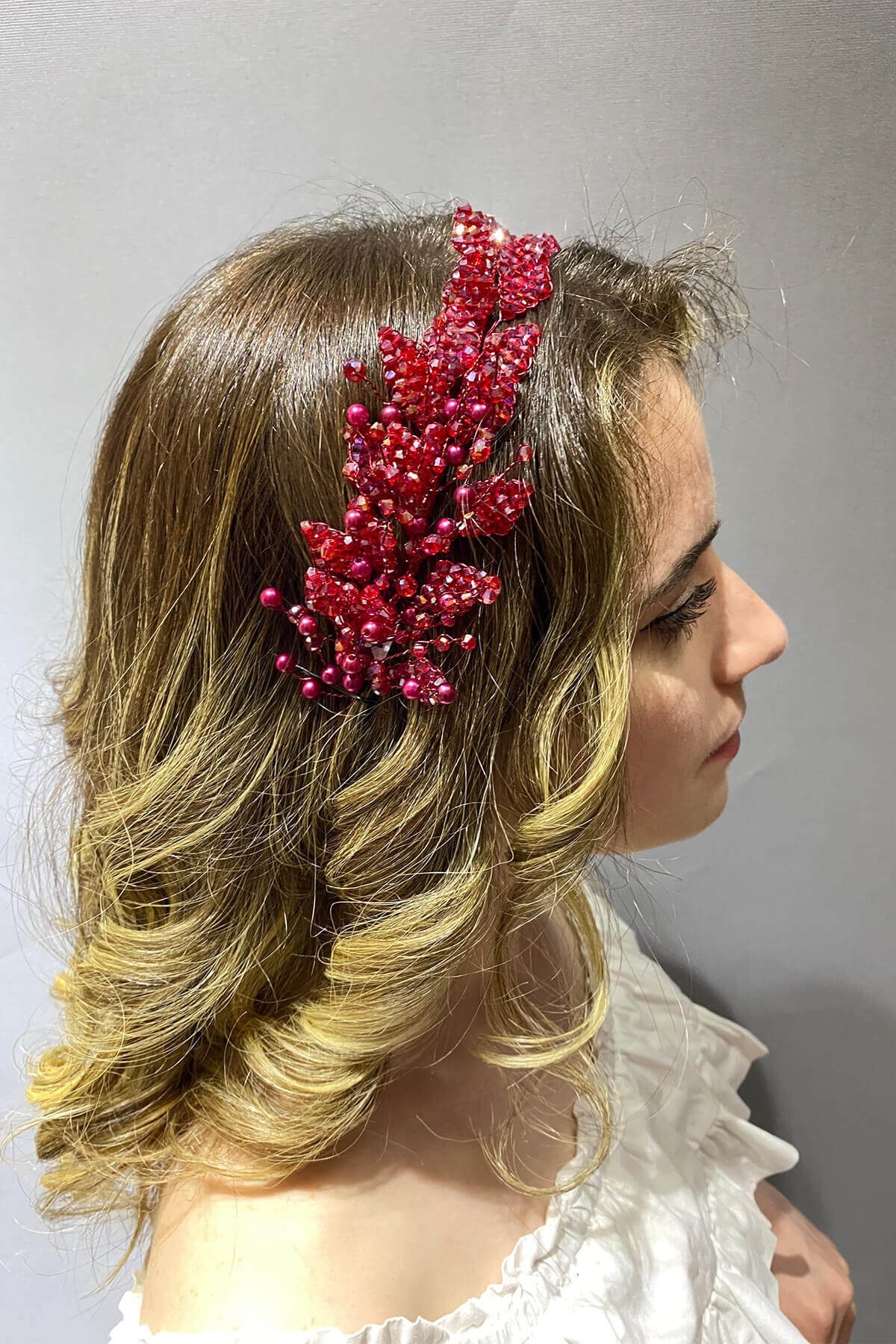 Bordo Yaprak Model Boncuklu Saç ve Türban Aksesuarı