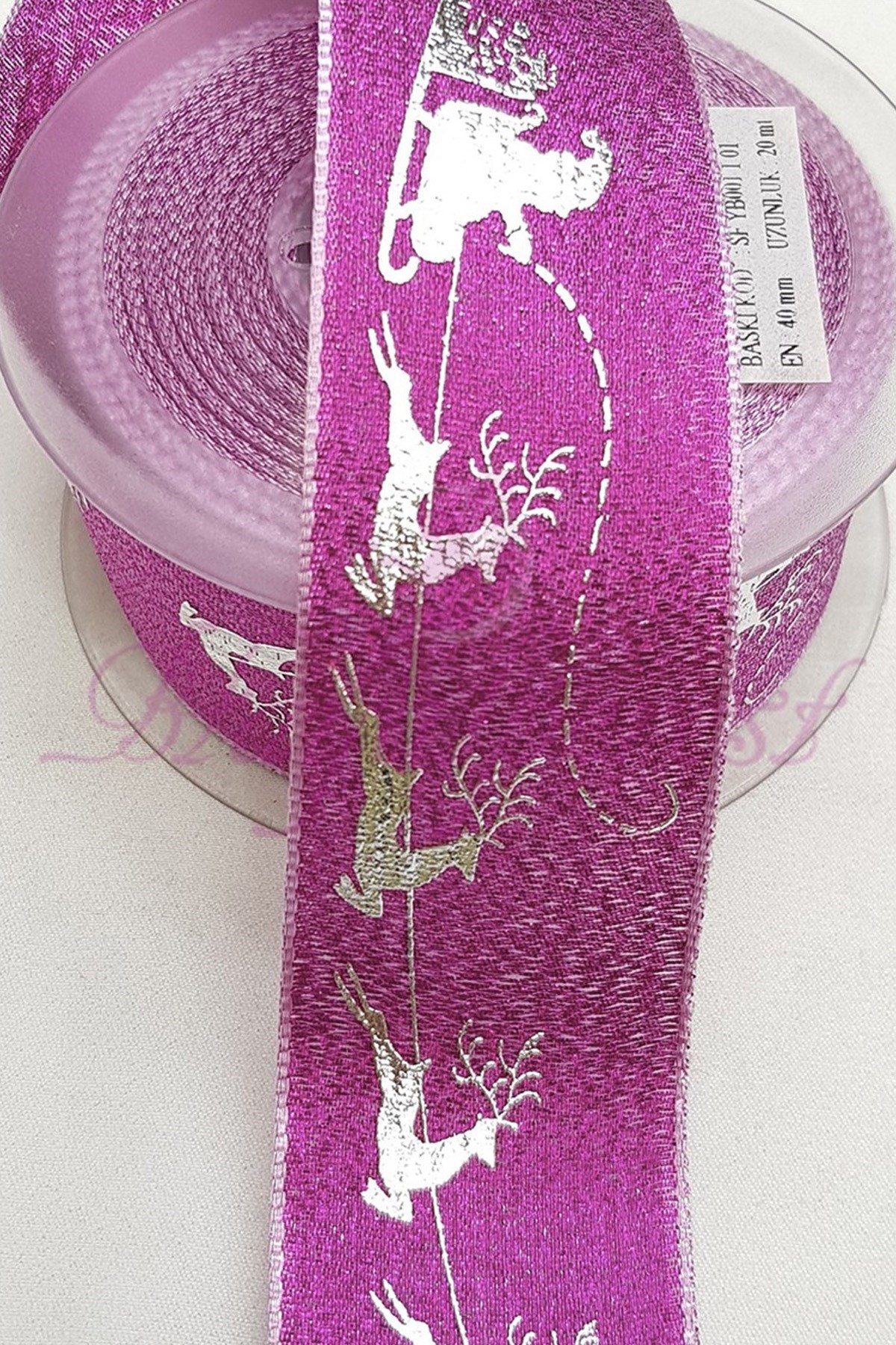 Fuşya Varak Baskılı Simli Yılbaşı Kurdele 4Cm