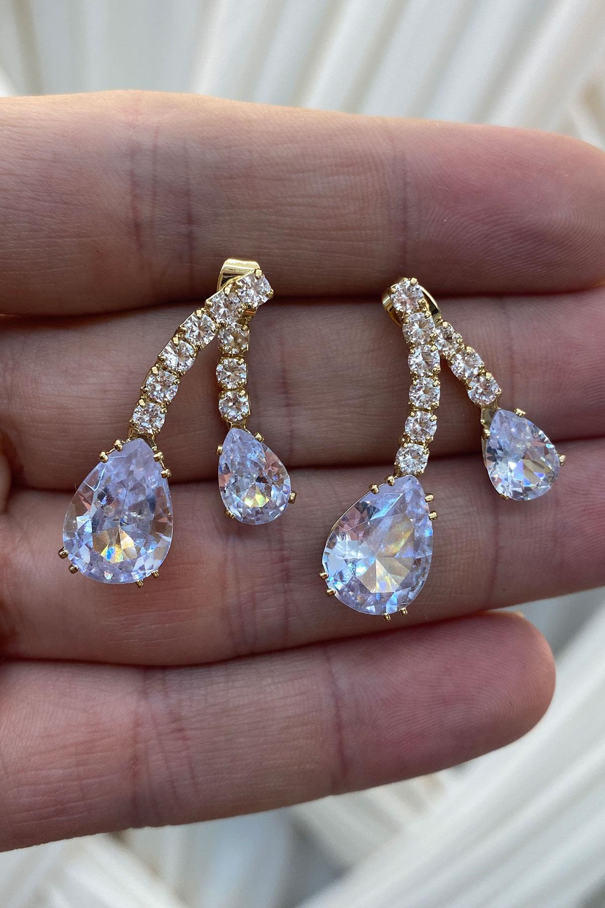Gold Damla Taşlı Özel Zirkon Parlak Küpe