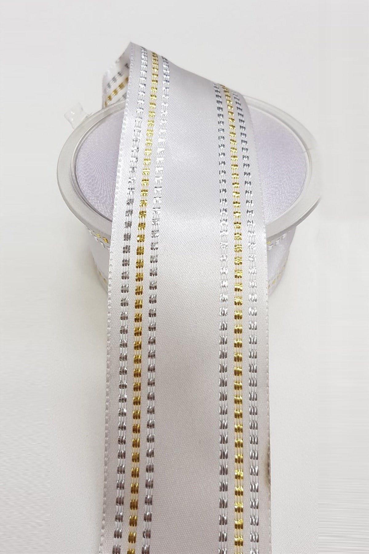 Gold Gümüş Çizgi Varaklı Saten Kurdele 4Cm