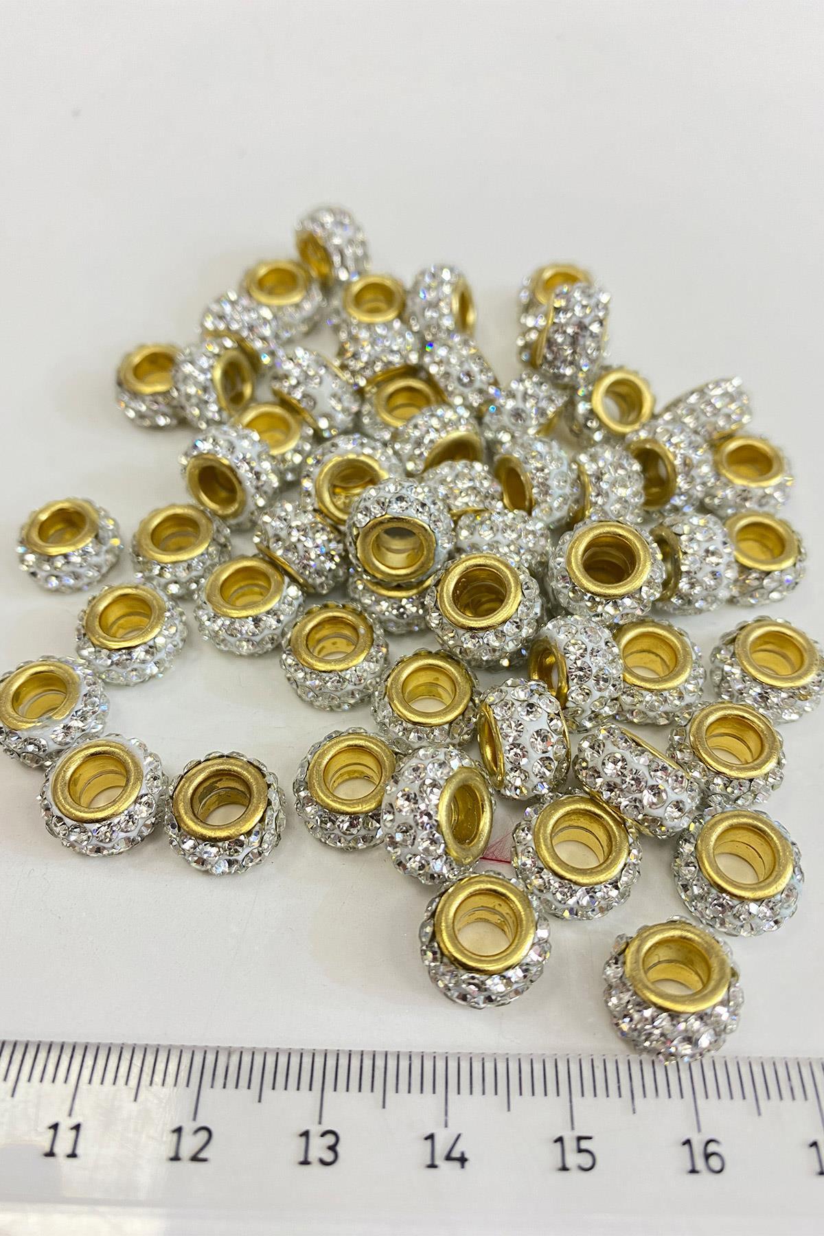 Gold Gümüş Parlak Taşlı İri Delikli Boncuk 12 mm