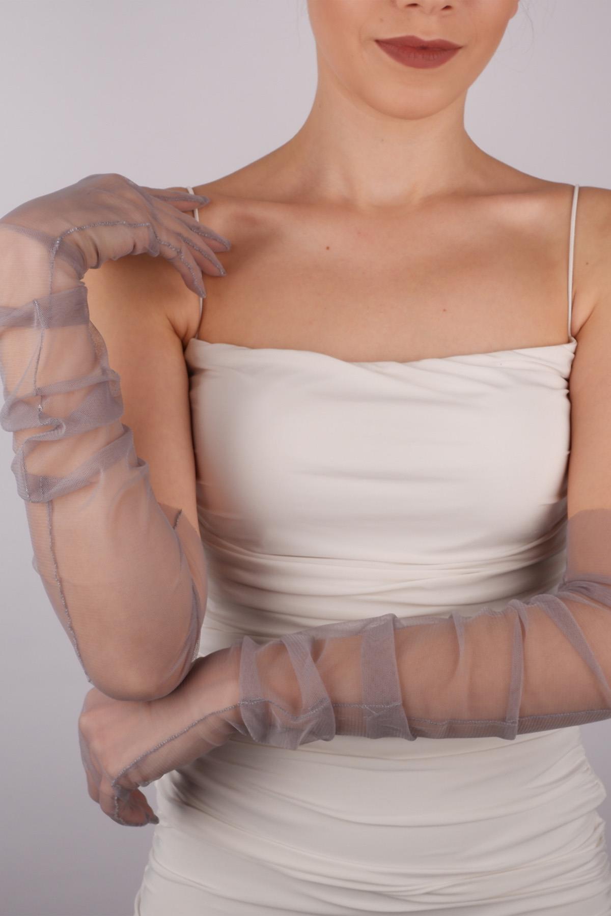 Gri Uzun Şık Gelin Eldiveni Tül Eldiven Nikah/Düğün/Parti/Kostüm Eldiveni