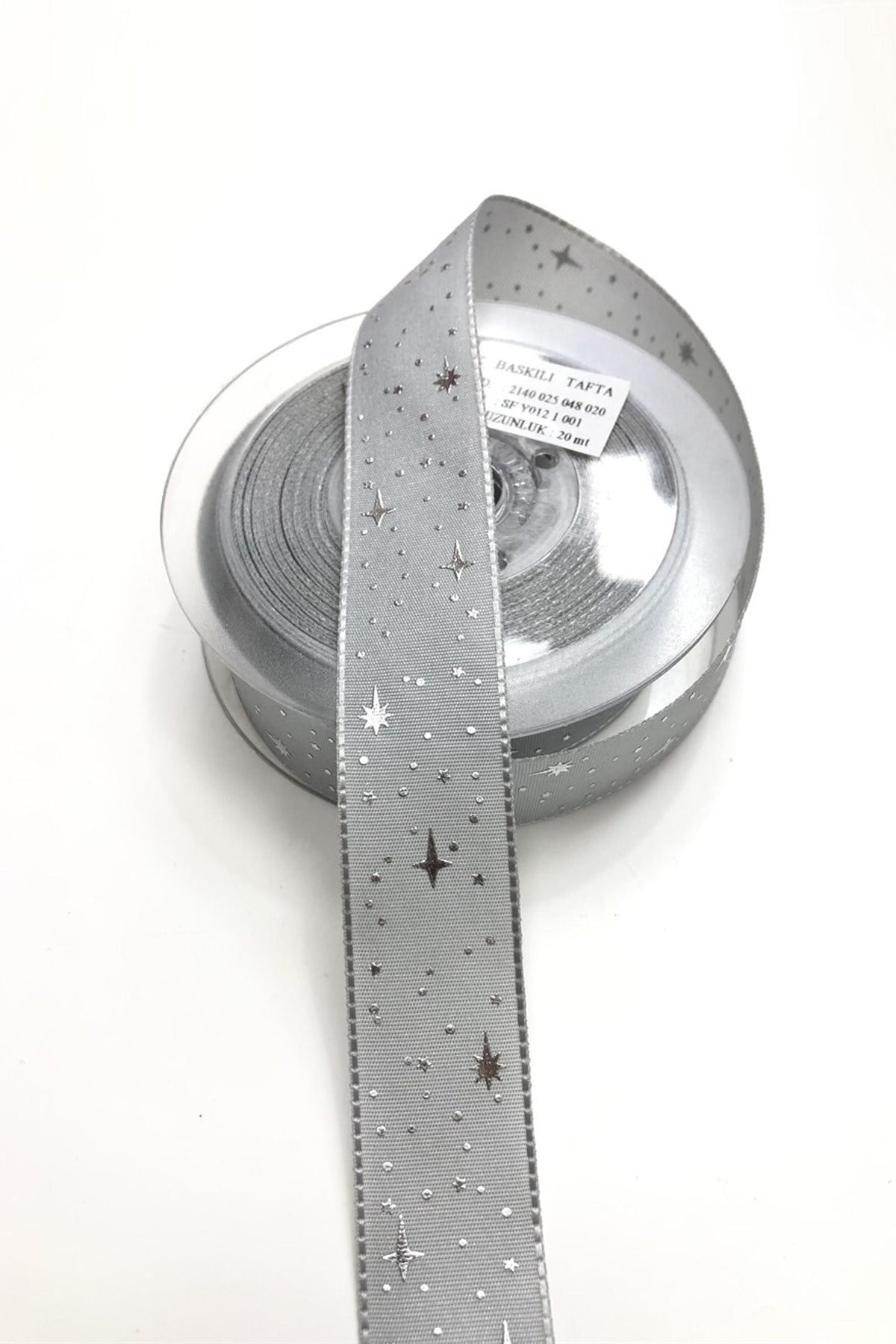 Gümüş Yıldızlı Desenli Parlak Saten  Kurdela 2,5 cm 1 mt