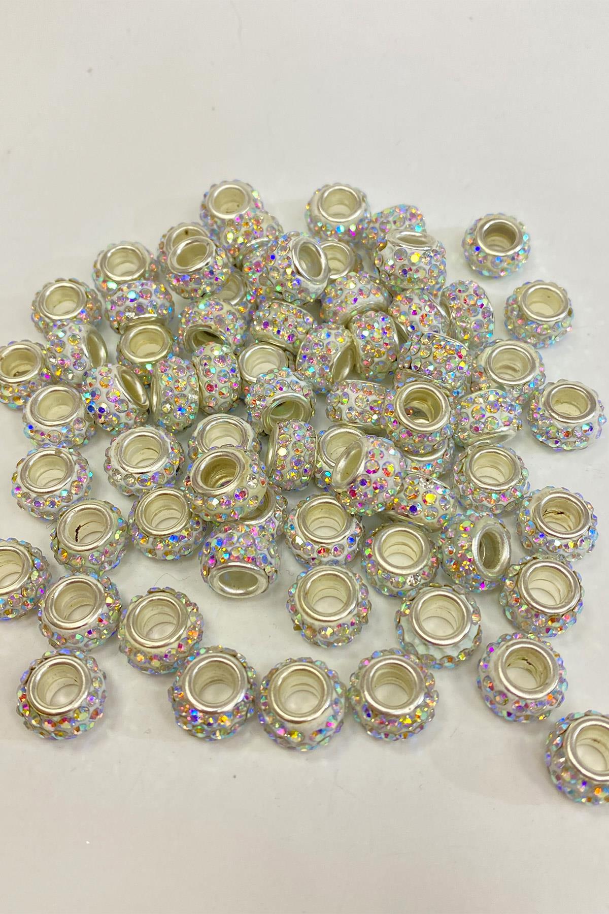 Janjanlı Gümüş Parlak Taşlı İri Delikli Boncuk 12 mm